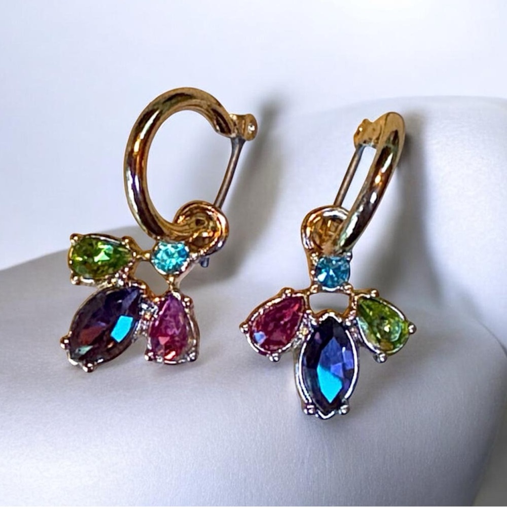 Vintage Avon Gold Hoop Multi-Coloured Marquise Cluster Earrings NWOT